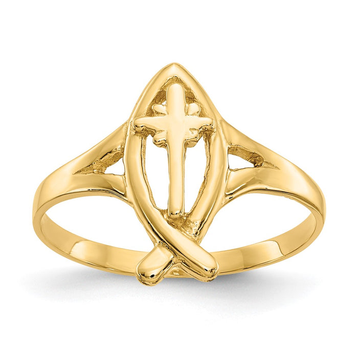 Shop Stylish 10K Gold Ichthus Fish Ring with Cross Design - Luxury Accessory-1