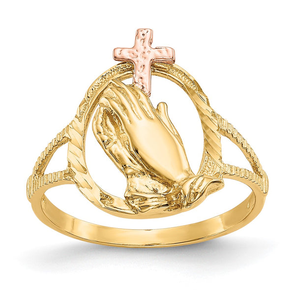 10K Two-Tone Diamond-Cut Cross Ring with Praying Hands