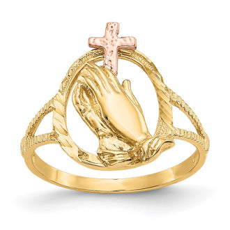 Shop Stylish 10K Two-Tone Diamond-Cut Cross Ring with  Praying Hands Design