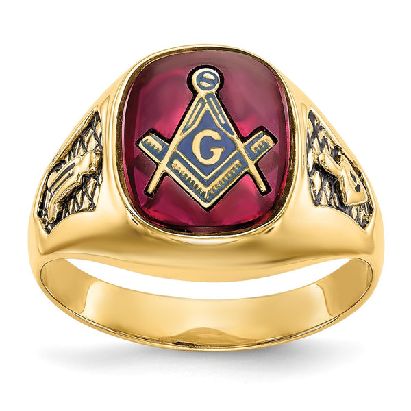 10K Men's Masonic Ring with Lab-Created Ruby & Black Enamel