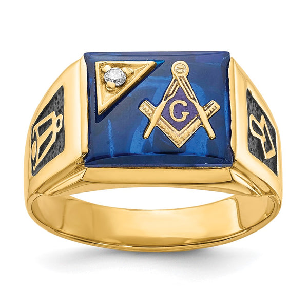 10K Men's Masonic Ring - Polished, Blue Spinel, AA Diamonds