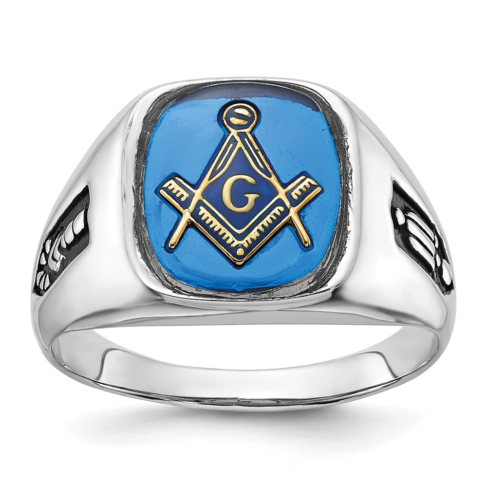 Shop Stylish 10K White Gold Men's Polished Masonic Ring with Blue Spinel Accent