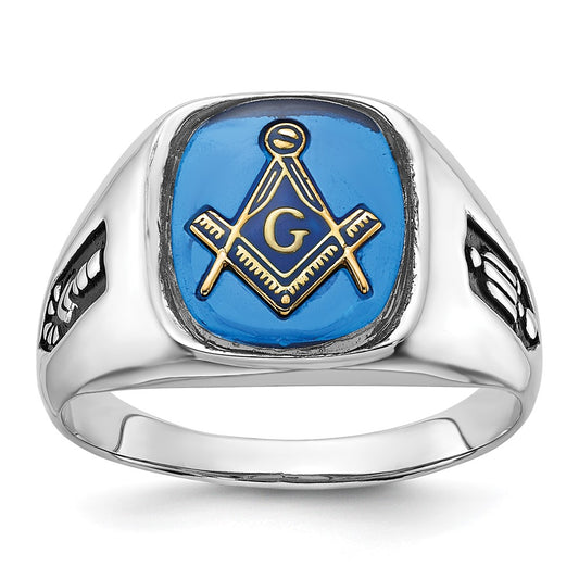 Shop Stylish 10K White Gold Men's Polished Masonic Ring with Blue Spinel Accent