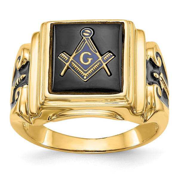 10K Men's Masonic Ring with Onyx Inlay & Polished