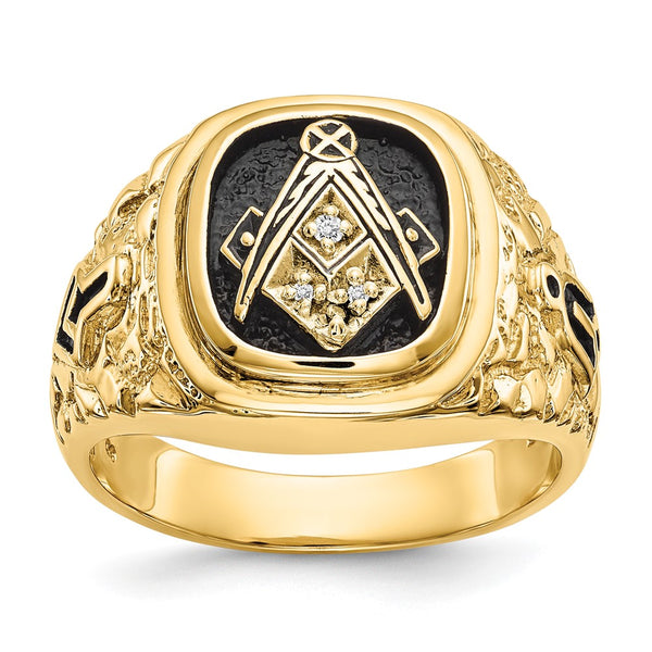 10K Polished Antiqued Masonic Ring with AA Diamonds