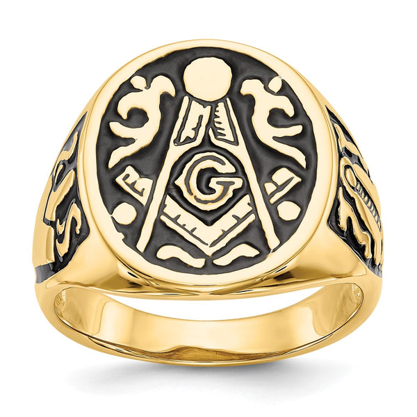 10K Men's Polished Masonic Ring with Black Enamel Accents