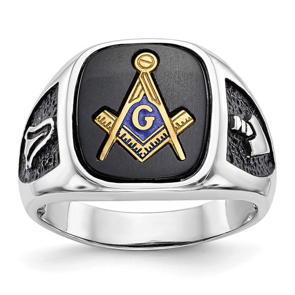 10K White Gold Masonic Ring with Onyx Accents