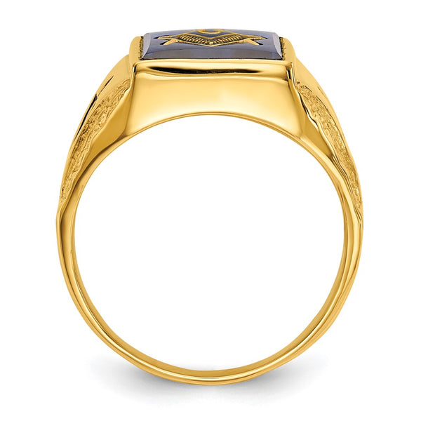 10K Men's Masonic Ring - Polished Antiqued Imitation Blue Spinel