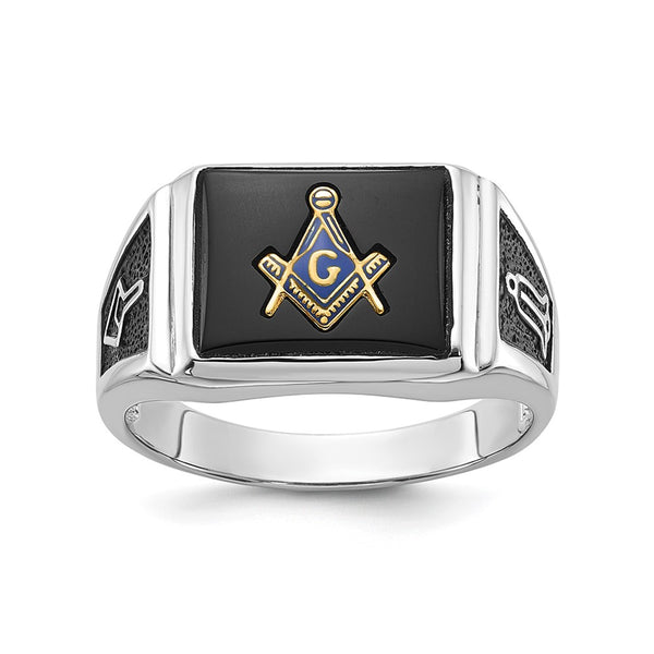 10K White Gold Men's Masonic Ring with Onyx Accents