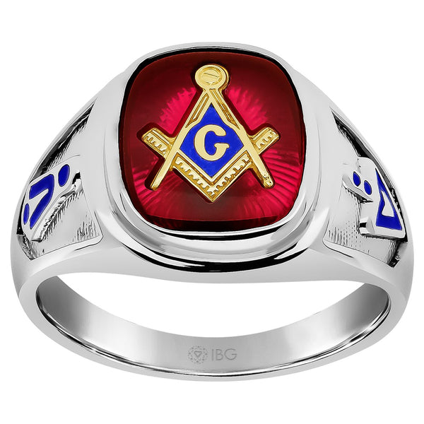 Sterling Silver Masonic Ring - 14K Gold Accents Red Spinel
