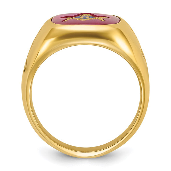 14K Men's Polished Masonic Ring with Lab-Created Ruby