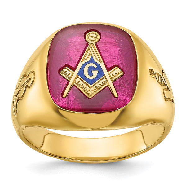 14K Men's Polished Masonic Ring with Lab-Created Ruby