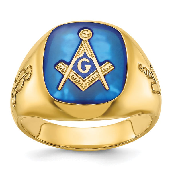 14K Gold Men's Masonic Ring with Lab-Created Blue Sapphire, 8mm