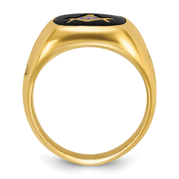 14K Gold Men's Masonic Ring - Polished Grooved, Onyx Emblem