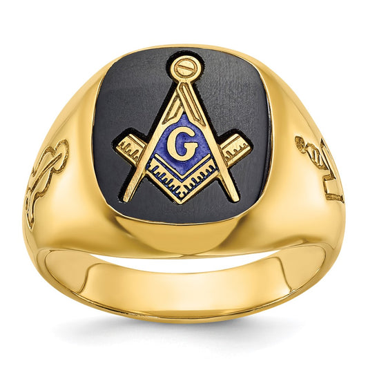 Shop Exclusive 14K Gold Men's Masonic Ring - Polished Grooved, Onyx Emblem, Stylish Design