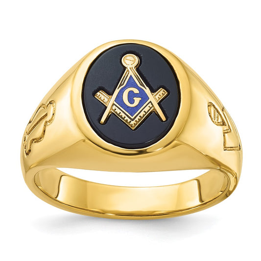 Exclusive 10K Men's Masonic Ring with Oval Blue Onyx - Stylish Grooved Design