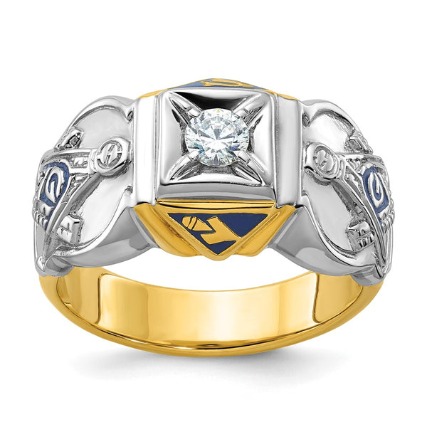 14K Two-Tone Masonic Ring with Blue Enamel & Diamonds