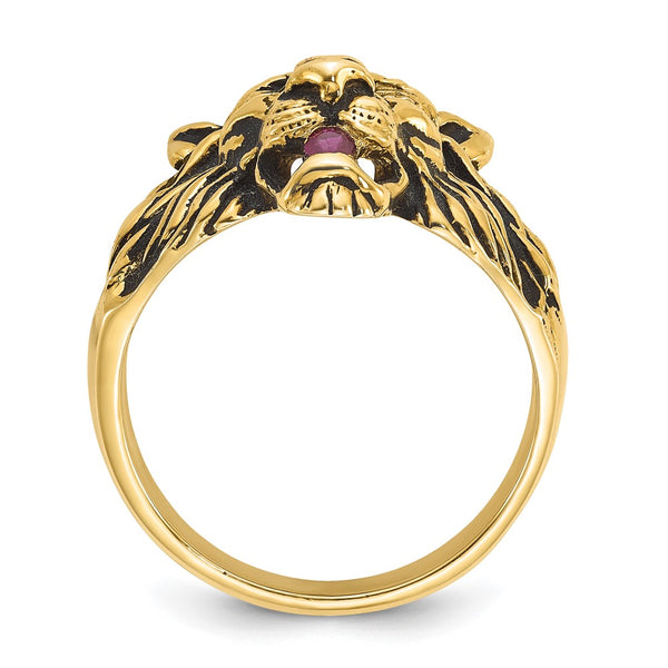 10K IBGoodman Men's Antiqued Lion Ring with Diamond & Ruby Accents