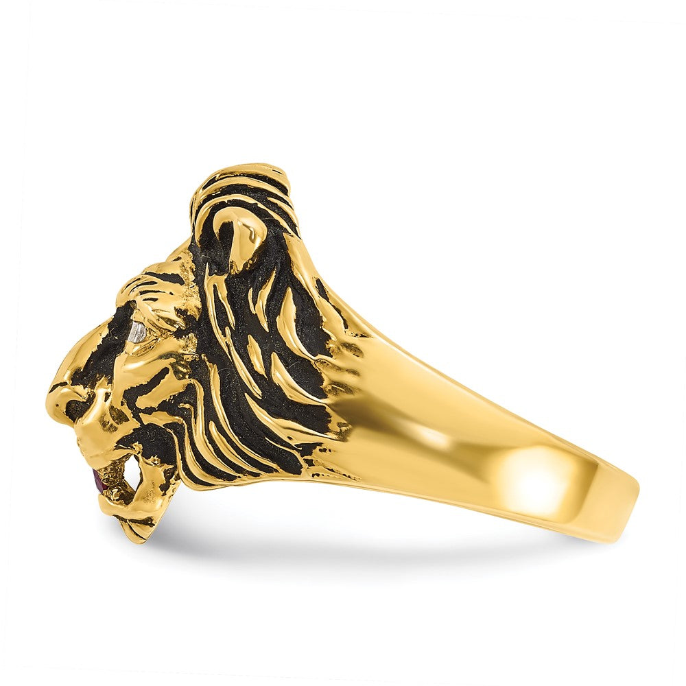 Shop Exclusive 10K IBGoodman Men's Antiqued Lion Ring with Diamond & Ruby Accents