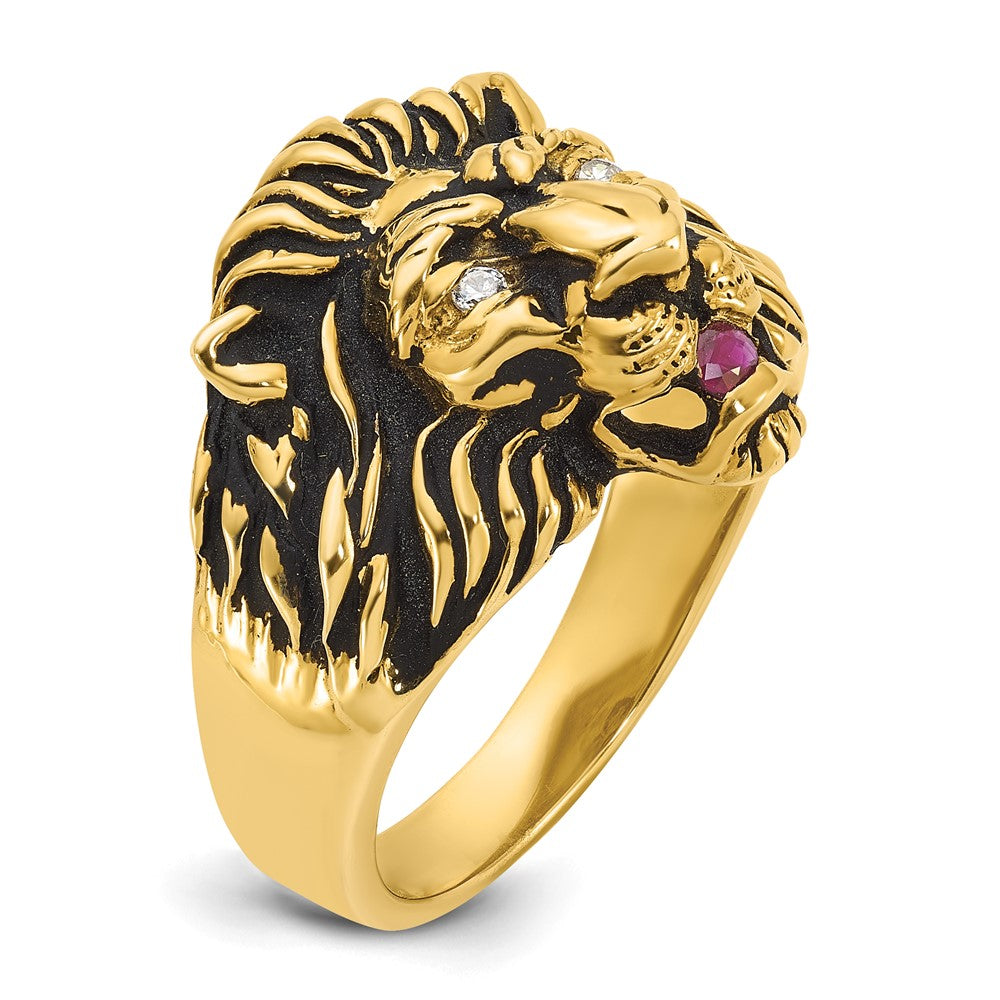Shop Exclusive 10K IBGoodman Men's Antiqued Lion Ring with Diamond & Ruby Accents