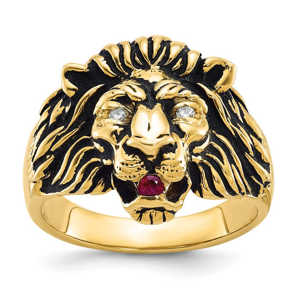 10K IBGoodman Men's Antiqued Lion Ring with Diamond & Ruby Accents