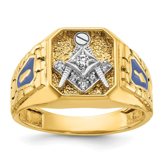 Exclusive 14K Two-Tone Masonic Ring with Blue Enamel & Diamond, 10g Value