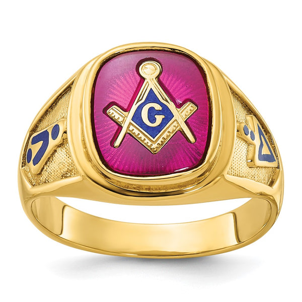 10K Men's Masonic Ring with Lab-Created Ruby & Enamel