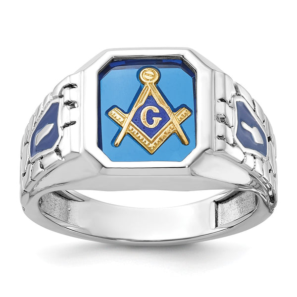 14K White Gold Masonic Ring with Lab-Created Sapphire