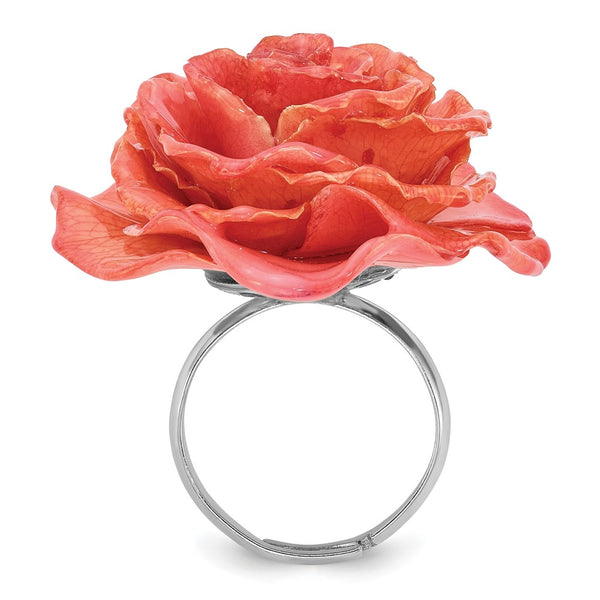 Adjustable Silver-Tone Ring with Pink Rose