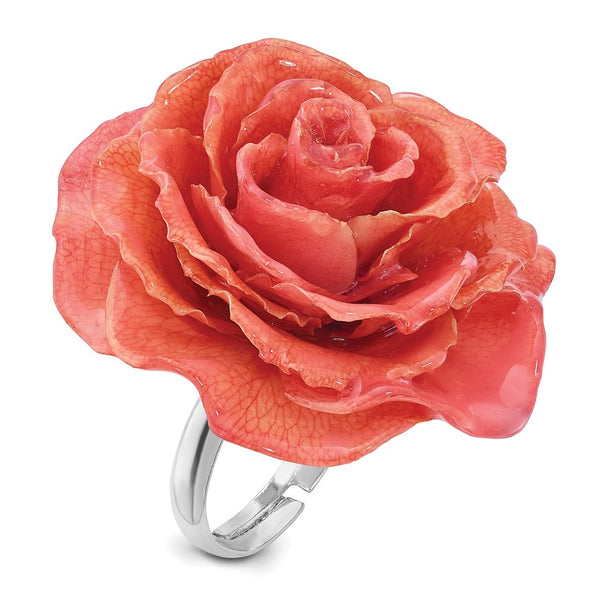 Adjustable Silver-Tone Ring with Pink Rose
