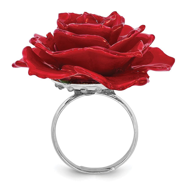 Adjustable Silver-Tone Ring with Lacquer-Dipped Red Rose