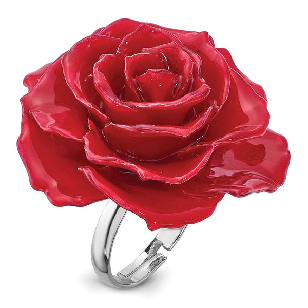 Adjustable Silver-Tone Ring with Lacquer-Dipped Red Rose