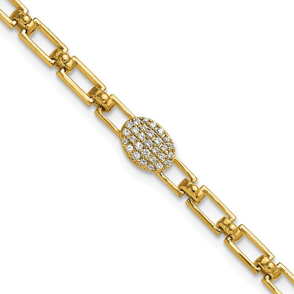 14K Gold Polished Diamond Oval Cluster Bracelet, 1-Inch Extension