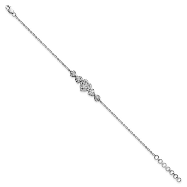 14K White Gold Diamond Heart Bracelet - 1-Inch Extension