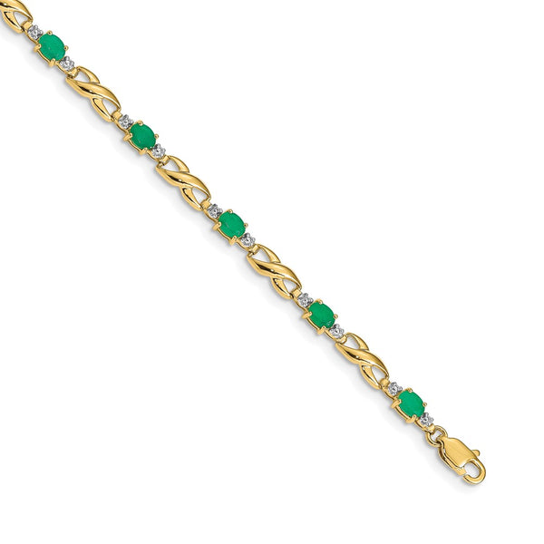 14K Gold Bracelet with Oval Emerald, Diamond Accents