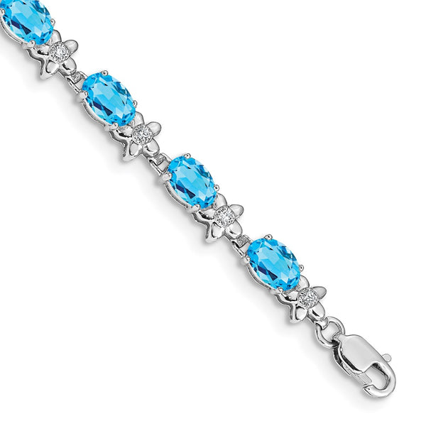 14K White Gold Floral Design Bracelet with Diamonds & Blue Topaz