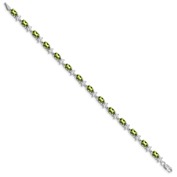 14K White Gold Floral Bracelet with Diamonds & Peridot, 7" Long