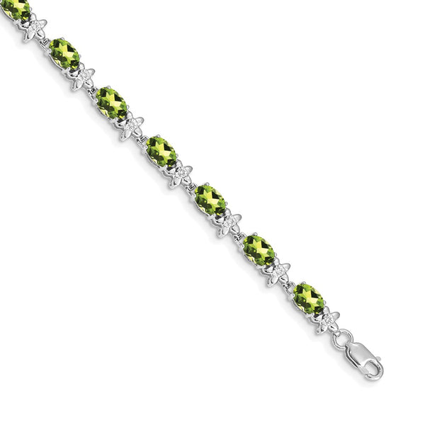 14K White Gold Floral Bracelet with Diamonds & Peridot, 7" Long