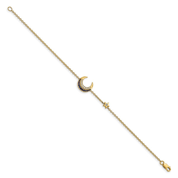 14K Gold Diamond & Sapphire Moon and Star Bracelet - 7"