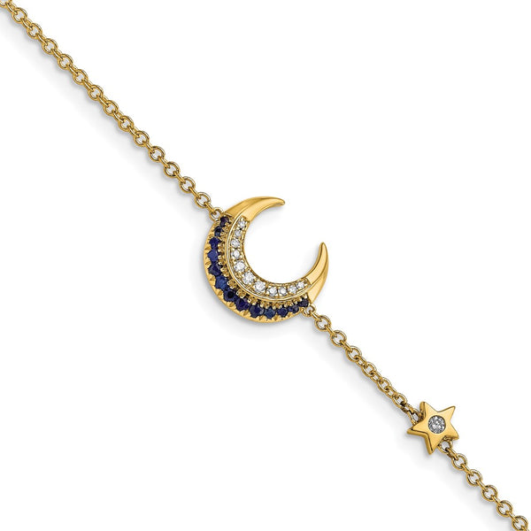 14K Gold Diamond & Sapphire Moon and Star Bracelet - 7"