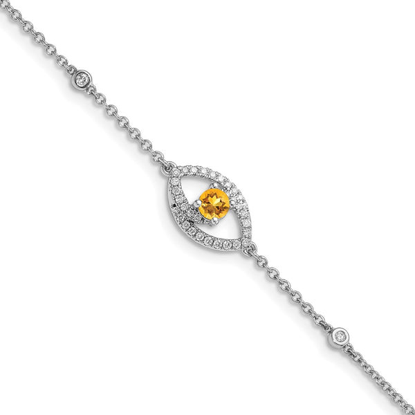 14K White Gold Bracelet with Diamonds & Citrine, 0.5-Inch Extension