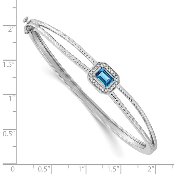14K White Gold Bangle with Emerald-Cut Blue Topaz & Diamonds