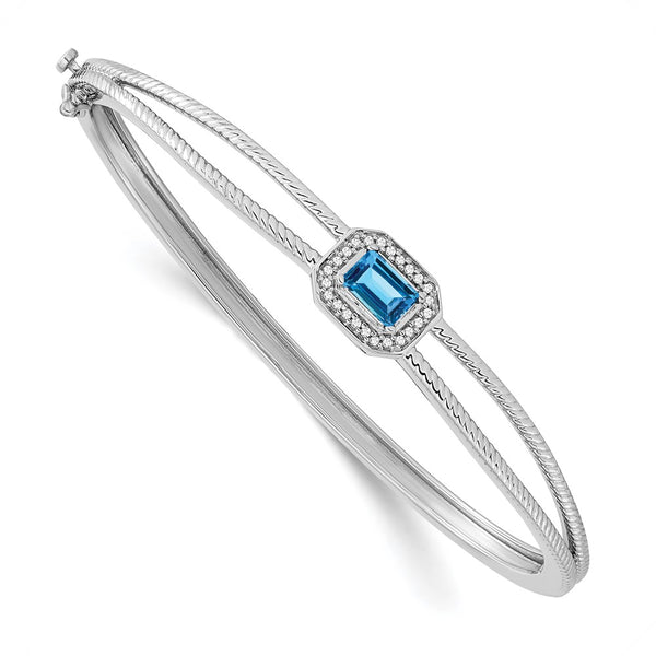 14K White Gold Bangle with Emerald-Cut Blue Topaz & Diamonds