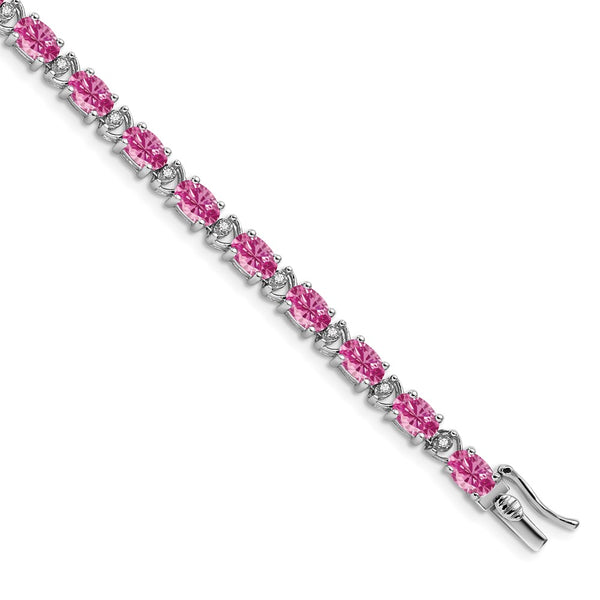 14K White Gold Oval Pink Sapphire & Diamond Bracelet