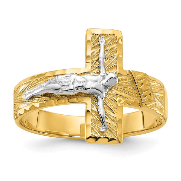 14K Two-Tone Men's Crucifix Ring - Diamond-Cut Detail