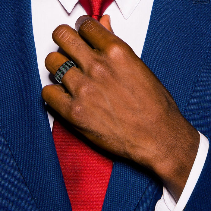 Exclusive Beveled Edge Ring: Stylish Black Ceramic & Green Carbon Fiber Inlay-6