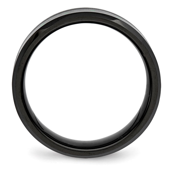 Beveled Edge Black Ceramic Ring with Green Carbon Fiber Inlay