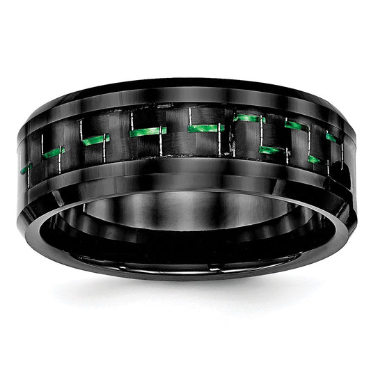 Exclusive Beveled Edge Ring: Stylish Black Ceramic & Green Carbon Fiber Inlay