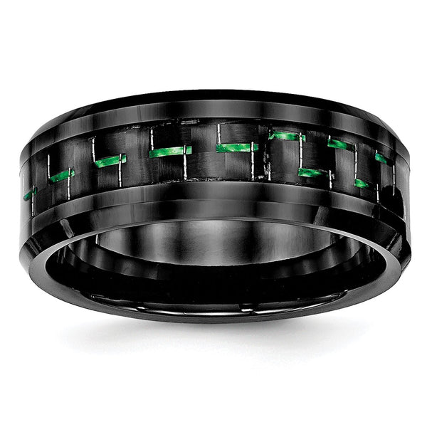 Beveled Edge Black Ceramic Ring with Green Carbon Fiber Inlay