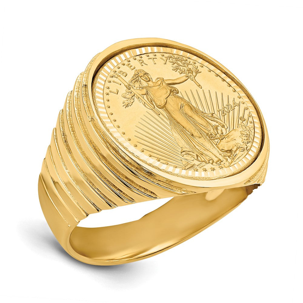 Exclusive 14K Men's Polished Ribbed Edge Ring with 1/10oz Coin - Luxury Style